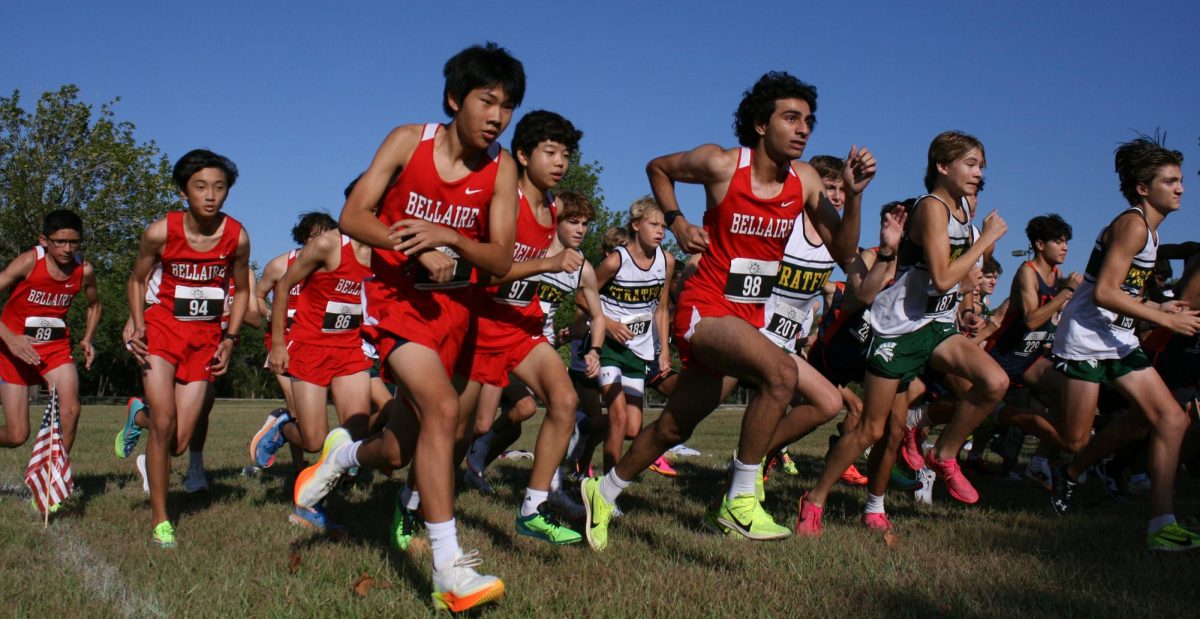 First-Year Photo, Superior: Runners from the varsity, JV and freshman teams take off at the starting line of the Strake Jesuit Cross Country Invitational. Jatin Presse11 was the teams fastest runner with a time of 17:16.10.