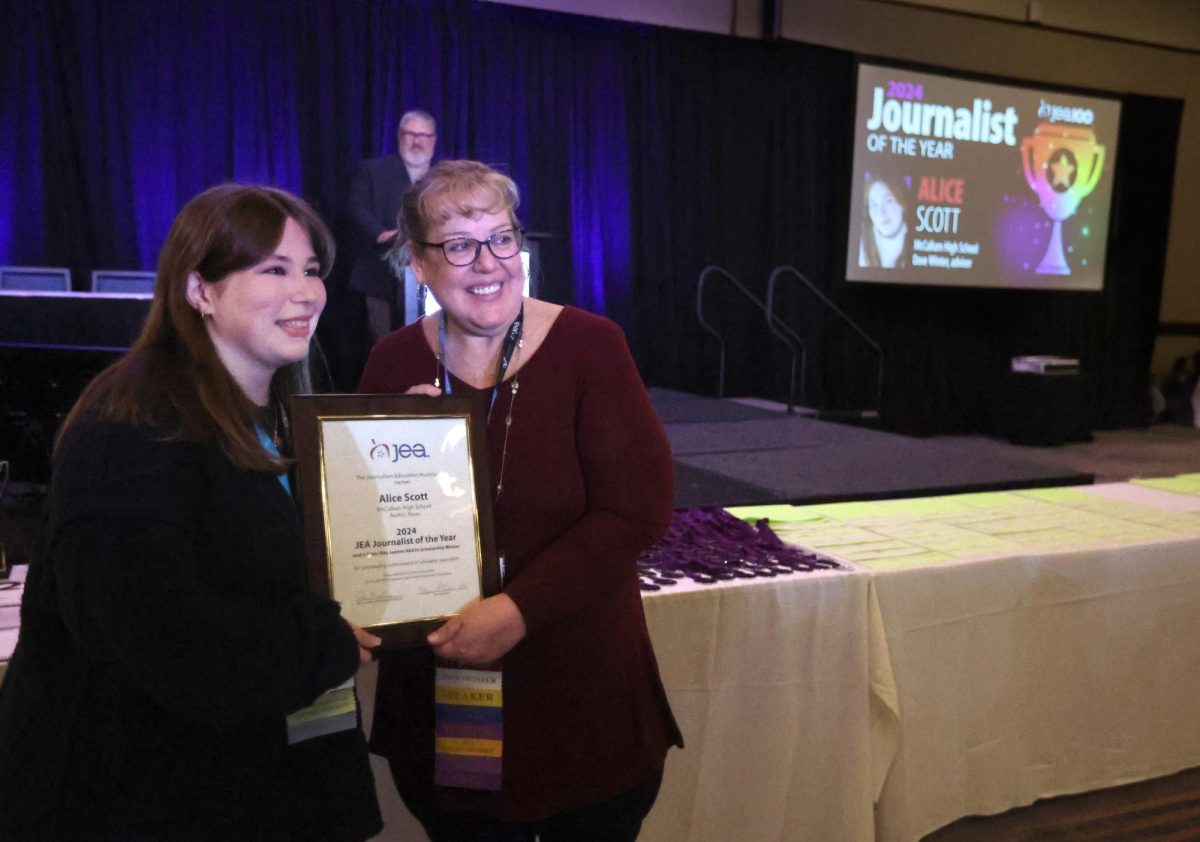 Alice Scott is named national Journalist of the Year by JEA on April 6 in Kansas City, Missouri, at the Spring National High School Journalism Convention. Photo courtesy of Journalism Education Today Editor Bradley Wilson.