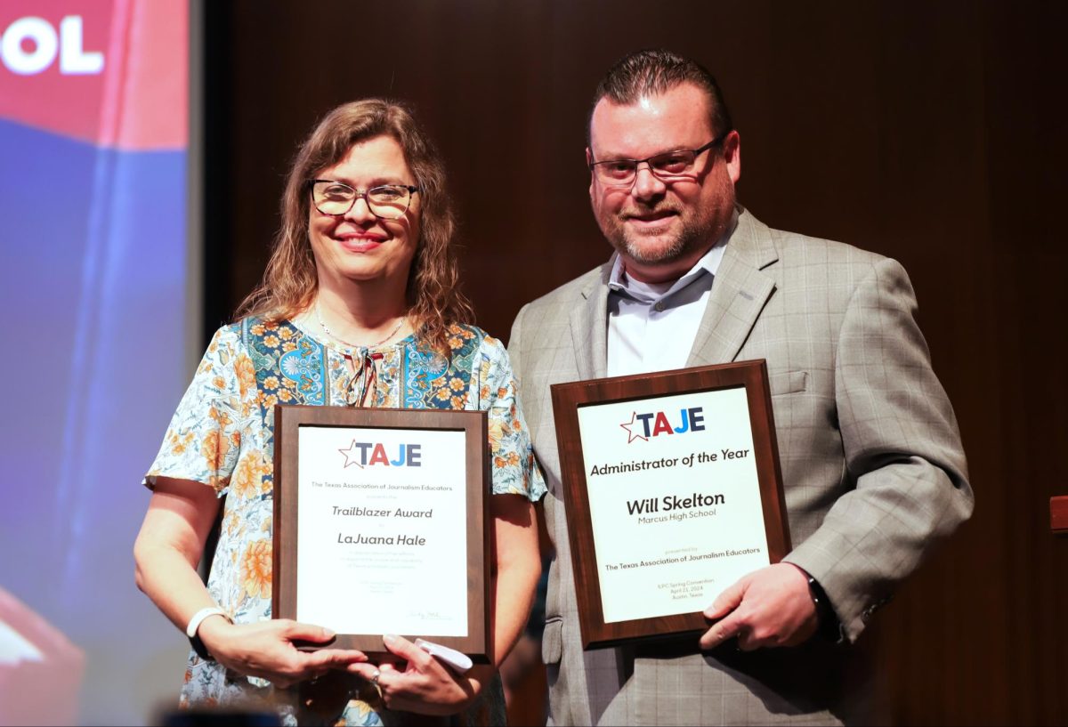 LaJuana+Hale+accepts+the+Trailblazer+Award+and+Will+Skelton+accepts+the+Administrator+of+the+Year+Award.+Both+from+Marcus+High+School%2C+they+received+their+Fall+Fiesta+2023+awards+at+the+ILPC+Spring+Convention+in+April.+Photo+courtesy+of+CADY.