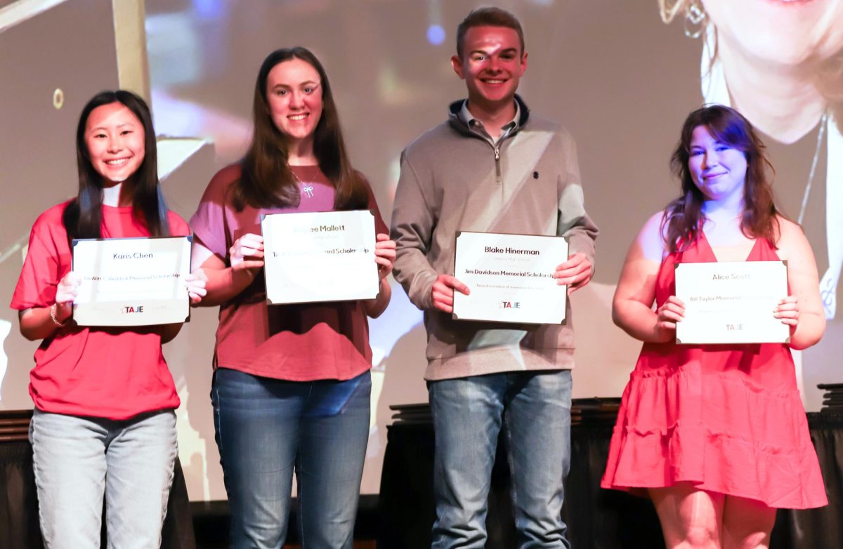 Karis Chen of Bellaire High School, Raylee Mallett of Mansfield Legacy High School, Blake Hinerman of Mansfield Legacy High School and national Journalist of the Year Alice Scott of McCallum High School receive their scholarship certificates from TAJE Executive Director Cindy Todd at the ILPC Spring Convention. The other three scholarship recipients were, Maya Ortiz of Kingwood Park High School, Mariam Jalloh of Frisco Heritage High School and Caroline Larrabee of Spring Branch Academic Institute at Stratford High School. Photo courtesy of CADY.