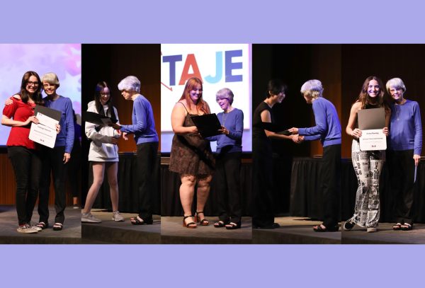 Haileigh Garrett of Sabine High School, Peyton Kuschmeider of Hebron High School, Christina Krasnova of Prosper High School, Claire (Larry) Liu of Coppell High School and Texas Journalist of the Year Krista Fleming of Hebron High School receive their scholarships from TAJE Executive Director Cindy Todd at the ILPC Spring Convention on April 13, 2025. Karen Wei from William P Clements High School also received a scholarship.