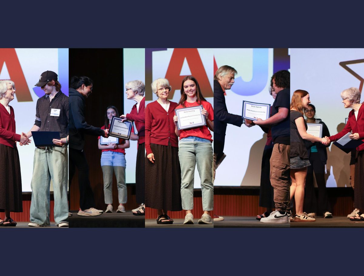 Logan Day from Caney Creek High School, Poojasai Kona from Frisco High School, Katie Keating from Mansfield Legacy High School, Erick Garcia from Caney Creek High School, Abigail Fleeman from Walnut Grove High School and Jordan Doty from Ray Braswell High School (not pictured) receive their scholarships from TAJE Executive Director Cindy Todd and former ILPC Director Bobby Hawthorne at the ILPC Spring Convention on April 12, 2026.